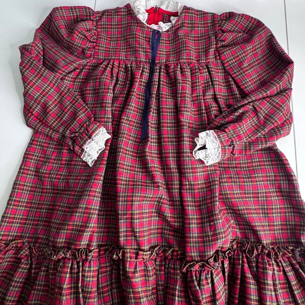 VTG Girls Prairie Dress Cottagecore Sz 5 Red Scottish Christmas Costume